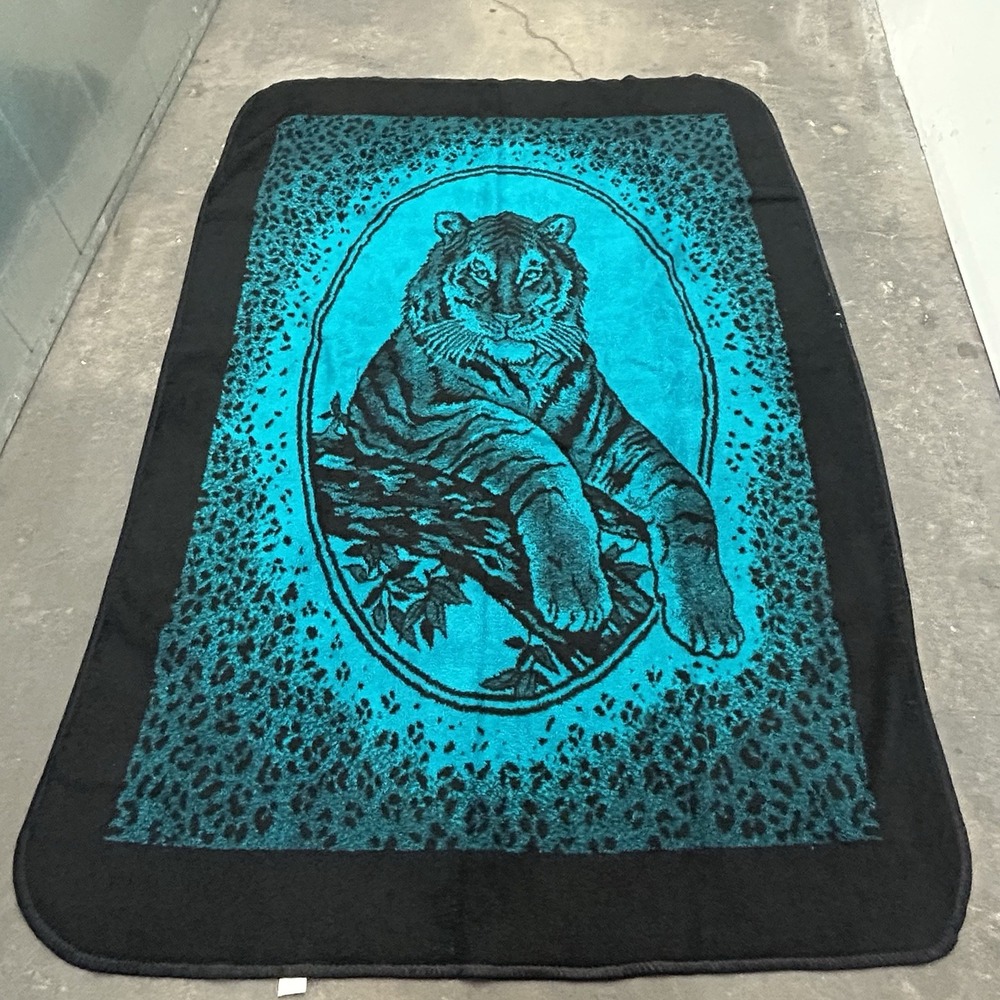 Vintage San Marcos Mexico Blanket Tiger Jungle Reversible Teal Black Twin Size